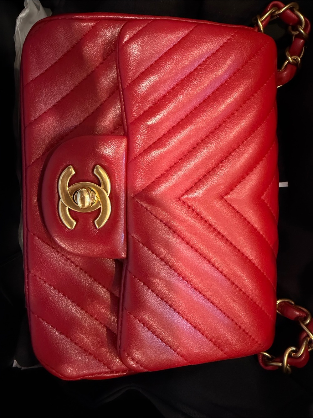 Chanel 21S Mini Rectangle Red Chevron Rectangular Flap Bag with Gold Hardware